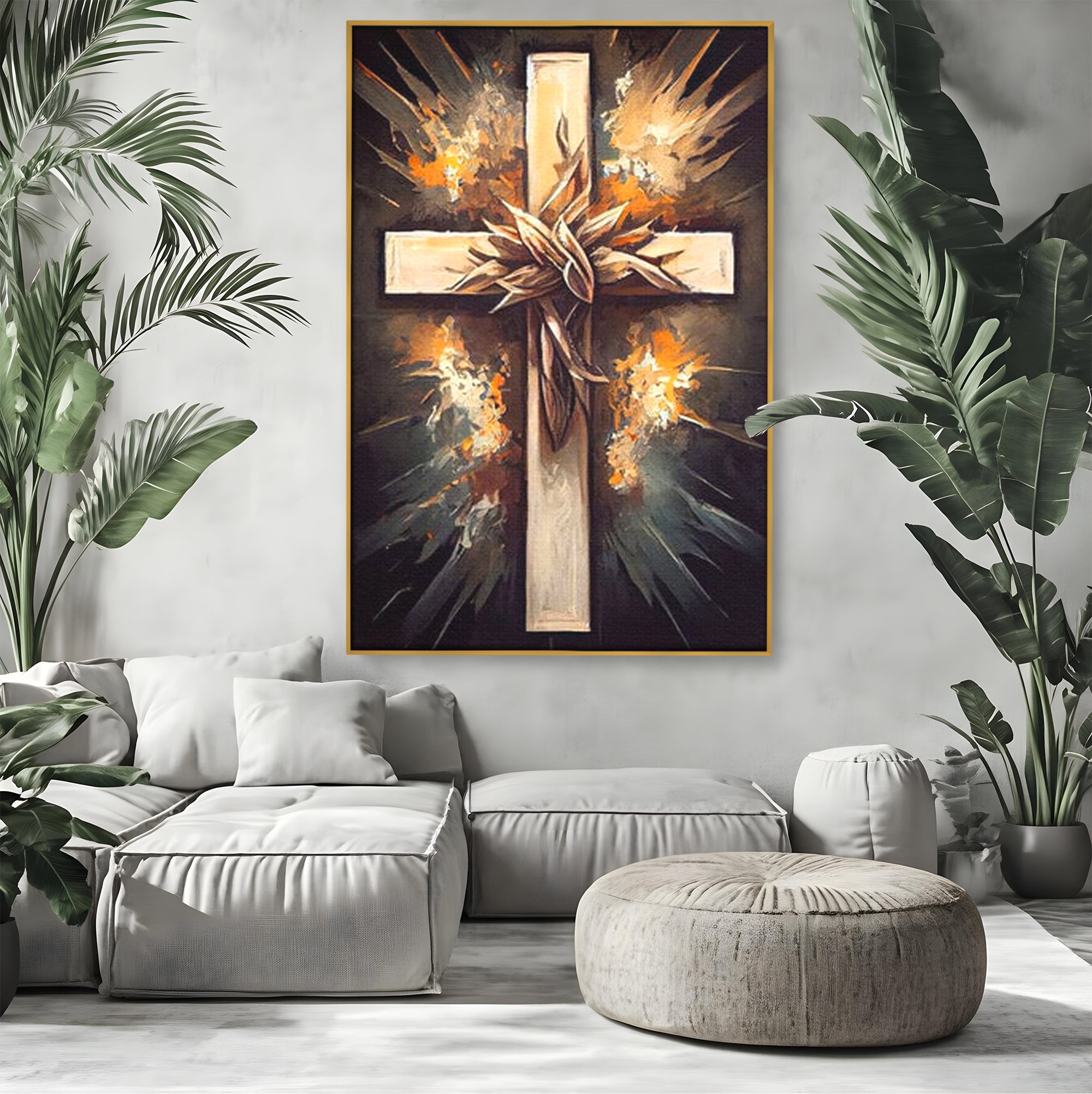 Tablou canvas cu tablou canvas cu o cruce si coroana de spini, in rama de aluminiu auriu, pe perete intr-un living